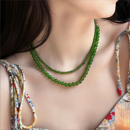 Green Jadeite Beaded Clavicle Chain Stainless Steel Ingot Buckle Neck Chain Female